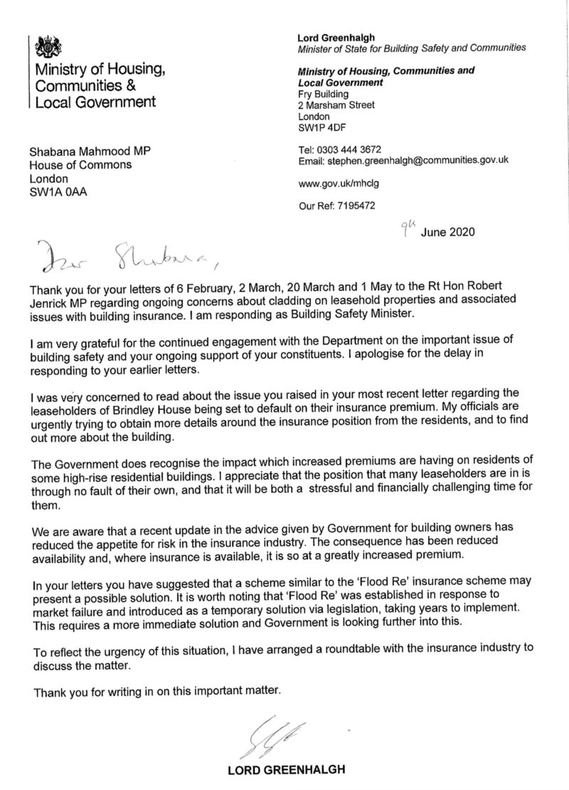 Correspondence received from Lord Greenhalgh dated 9th June 2020.